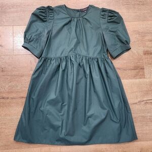 En Saison Dark Green Puff Sleeve Baby Doll Button Back Mini Dress Med Holiday